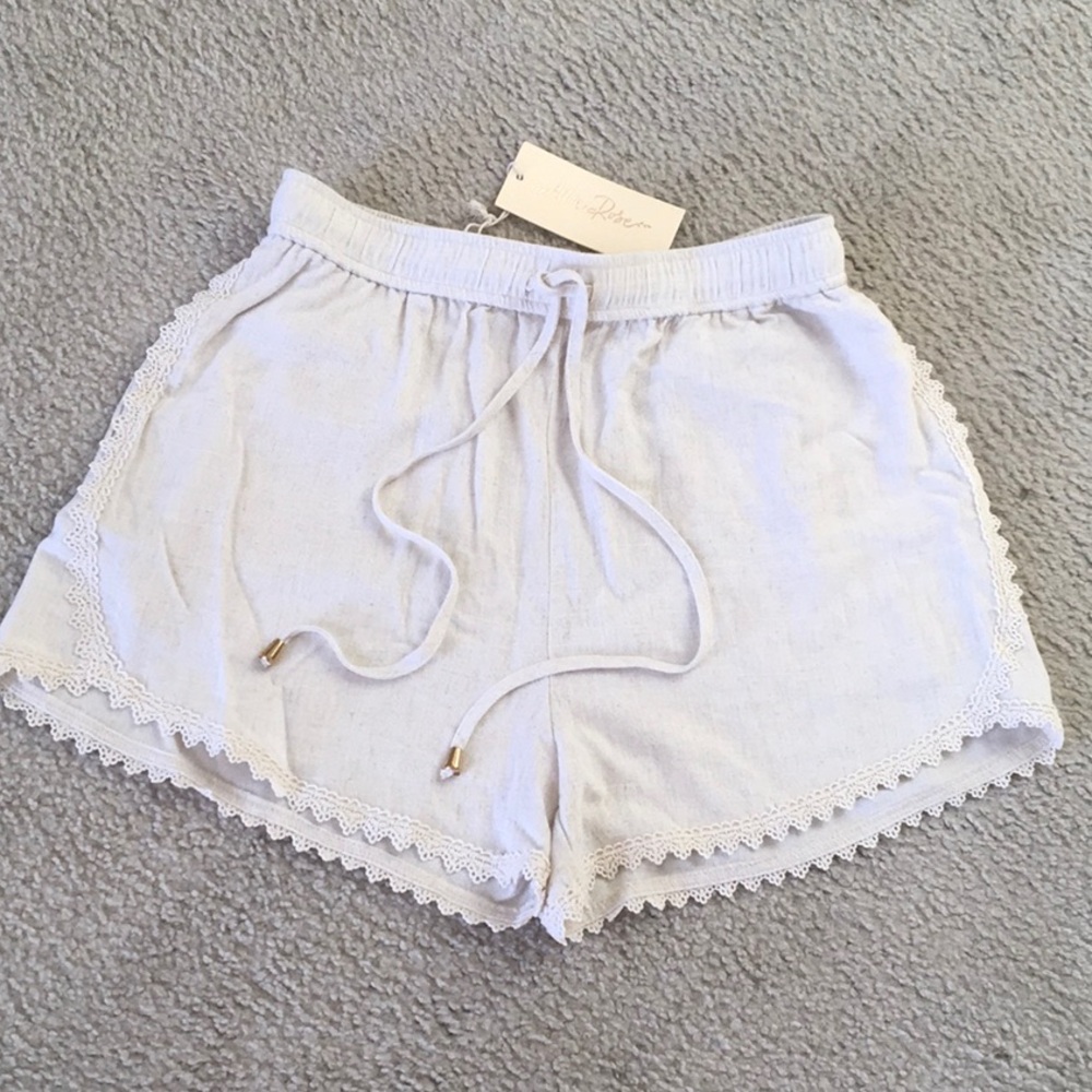 ALLIE ROSE/“OATMEAL”LINEN BLEND SHORTSwCROCHET LACE TRIM/NWT